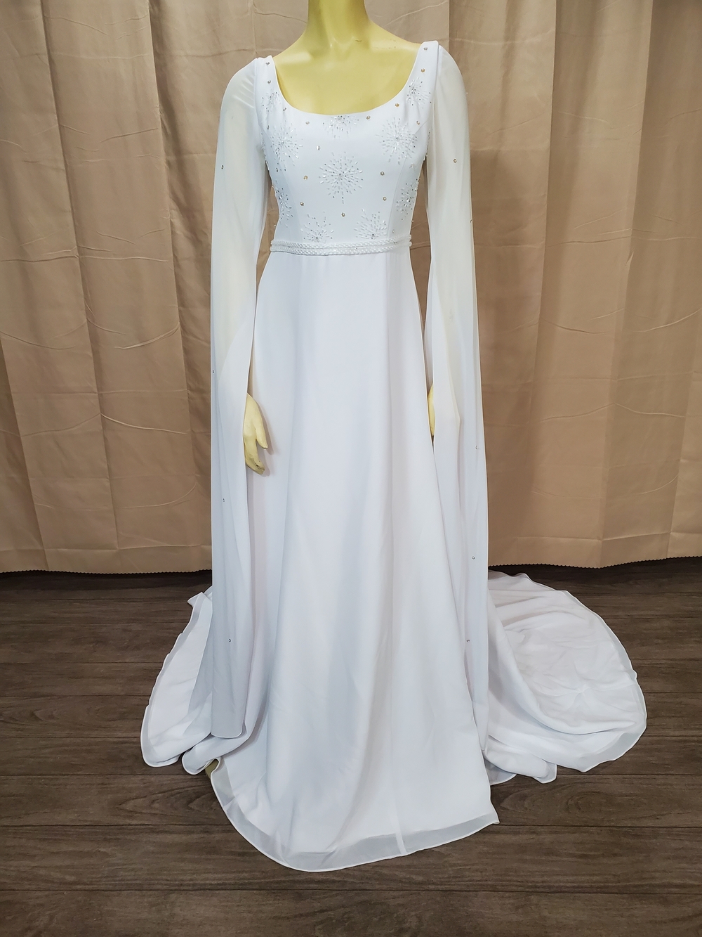 White Beaded Long-Sleeve Bridal Gown with Draped Sleeves